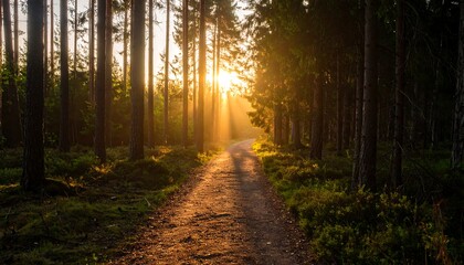 Sunlight path through a pine forest