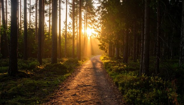Sunlight path through a pine forest
