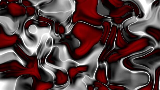 A seamless 4K motion object featuring glossy black, white, and crimson liquid-metal swirls with sharp specular highlights. The flowing reflections create a bold
