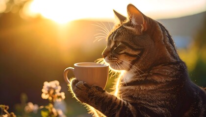 Tabby cat enjoying a cup of coffee at sunset
