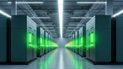 Gleaming green lights illuminate a vast data center, showcasing advanced network technology and the vital infrastructure powering global digital operations and future innovation - Powered by Adobe