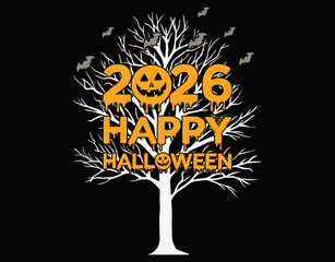 2026  Happy Halloween Tree Ghost - printable editable vector art file.