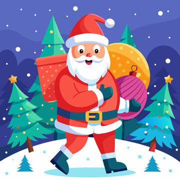 Cheerful Santa Claus in bright red costume walking through a snowy pine forest with a large sack of gifts, surrounded by snowflakes and stars, joyful winter holiday vector illustration for Christmas g