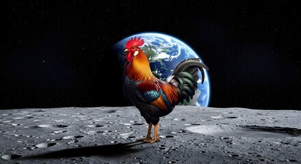 Naklejka premium Rooster on moon, Funny space animal, First chicken space,