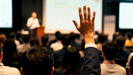 Raised hand in a conference, a concept on engagement, participation, and inquiry. Q&A Session
