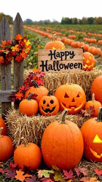 Colorful Pumpkins and Happy Halloween Sign in a Pumpkin Patch Scene