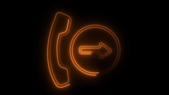 Neon orange telephone handset with outgoing call arrow icon on black background image photo