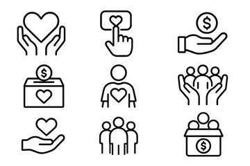 Charity and donation line icon set. Vector symbols for volunteer, community, giving money, nonprofit, support and fundraising. Outline web pictograms for social projects.
