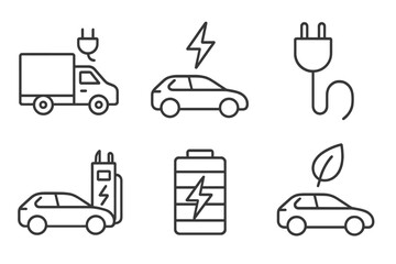 Electric car icon set in thin line style. EV web icons collection with charging station, battery power, eco transport, plug, and electric truck for logistics. Vector symbols.