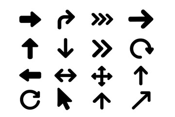 Arrow icon set. Black simple arrows symbol collection. Vector graphic for web design. Navigation and direction signs. Up, down, left, right, refresh, cursor pointer.