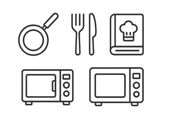 Cooking web icons in line style. Kitchen equipment set includes frying pan, fork, knife, recipe book, and microwave. Vector illustration for culinary blog or restaurant menu.