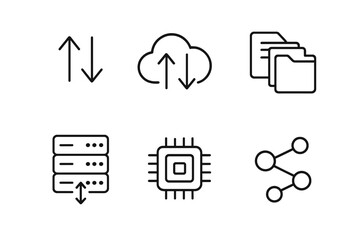 Data exchange line icon set. Vector collection of web icons for traffic, cloud computing, file transfer, server hosting, and technology. Thin outline symbols for network sharing.