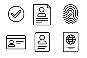 Identity verification and personal authentication icon set. Line art icons for security, access control, ID card, passport, document verification, and fingerprint scanning.