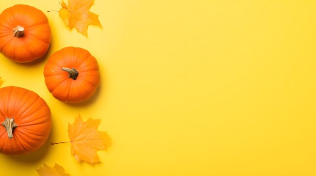 autumn leaves and pumpkins. Orange pumpkins and autumn leaves on a flat yellow background. - Powered by Adobe