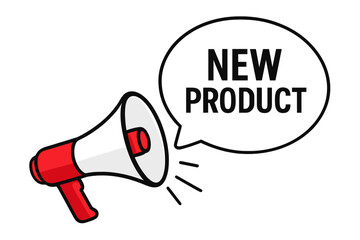 Megaphone with new product announcement speech bubble. Loudspeaker for business, marketing, advertising. Promotion, sale, and launch concept. Vector illustration banner.