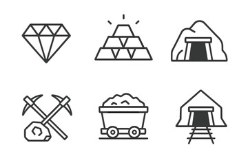 Mining and quarrying line icon set. Includes diamond, gold bullion, mine entrance, pickaxe, ore, and coal cart. Vector symbols for mineral extraction industry and geology.