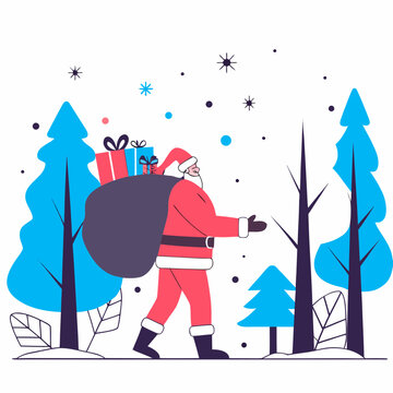 Traditional Santa Claus braving a gentle snowstorm carrying his signature red sack of gifts through a wintry landscape with pine trees and stars, nostalgic classic Christmas holiday vector illustratio