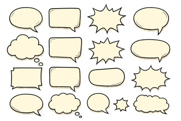 Obraz premium Big set of retro comic speech bubbles. Empty hand-drawn vector doodle dialogue balloons and thought clouds. Pop art message stickers. Chat box and explosion burst shapes.