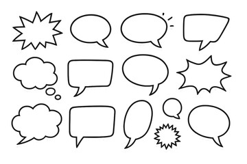 Obraz premium Big set of speech bubbles. Retro empty comic bubbles and thought clouds. Cartoon dialogue balloon stickers. Communication vector illustration. Message and quote box doodle set.