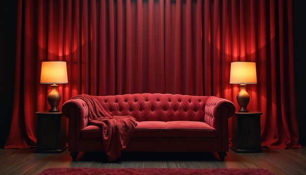 Dark room setting features red sofa draped with blanket. Lighting is soft, provided by lamps on tables. Curtains behind add drama. Luxury interior design, boudoir style room with wood floor.