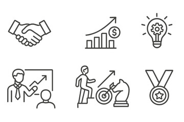 Success and Business Growth Line Style Icons Collection. Handshake Partnership, Profit Increase Graph, Innovation Lightbulb Gear, Sales Coaching, Progress Strategy, Achievement Medal.