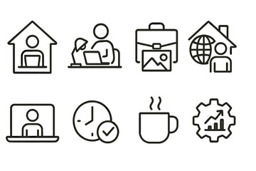 Working from home web icons in line style, freelance office portfolio, hybrid work remote jobs, online productivity tools, time management, coffee break, business success concept