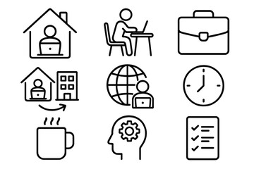 Working from home web icons in line style, freelance office portfolio, hybrid and remote work, online productivity, time management, coffee break, workflow efficiency, vector collection