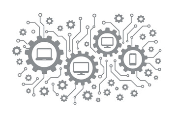 Technology integration concept. Digital ecosystem with connected gears and device icons. Electronics mechanism with laptop, monitor, phone symbols. Vector network illustration.