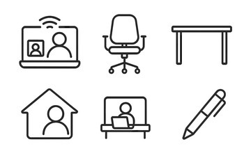 Workplace Icons Line Style Collection. Online Meeting, Office Chair, Desk Table, Remote Work, Home Office, Homework, Pen, Productivity Tools Vector Illustration with Transparent Background
