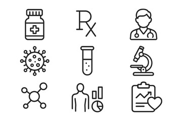 Set of medical specialties line icons. Medicine, prescription, doctor, virus, laboratory research, testing, scientific discovery, human health infographic, vector illustration