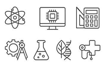 STEM line icon set. Science, technology, engineering, math, chemistry, biology, medicine icons. Academic subjects collection for education, university, web. Vector symbols.