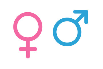 Gender symbol set vector illustration. Male and female icons. Man and woman signs. Pink and blue Mars and Venus symbols. Sex, heterosexual, relationship, equality, people concept.