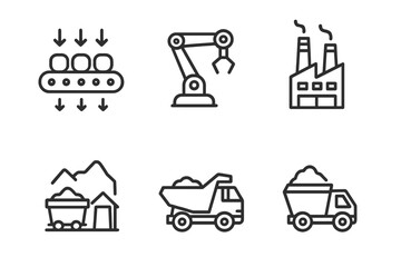Industry line icon set. Manufacturing, factory, and mining symbols. Vector collection of robotic arm, automation, conveyor belt, mass production, mine cart, dump truck transport.