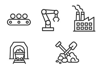 Industry line icon set. Mass production, factory, robotic arm, mine and conveyor belt icons. Vector collection for web design. Manufacturing, engineering and automation concept.