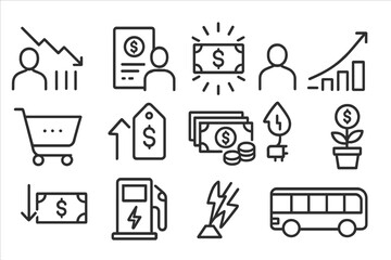 Inflation and economic crisis line icon set. Vector concepts for finance, recession, price increase, unemployment, money depreciation, investment, and energy costs.