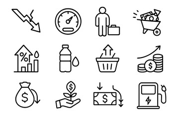 Inflation and economic crisis line icon set. Vector symbols of recession, unemployment, hyperinflation, rising prices, money depreciation, and investment concepts.