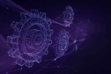 3D Wireframe Gears on Purple Background