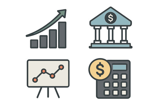Financial analysis icon set. Vector illustration of income growth chart, banking services, and financial report graph. Concepts for ROI, budget planning, and investment.