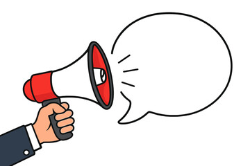 Businessman hand holding red megaphone with blank speech bubble. Loudspeaker for business, marketing, advertising. Concept of announcement, promotion, communication, alert, news.