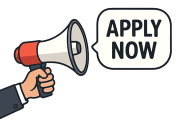 Hand holding megaphone with apply now speech bubble. Loudspeaker for recruitment and hiring announcement. Job vacancy offer. Join our team. Business marketing concept vector.