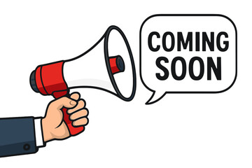 Male hand holding megaphone with coming soon speech bubble. Loudspeaker announcement for business, marketing, and advertising. Grand opening or new product launch vector.