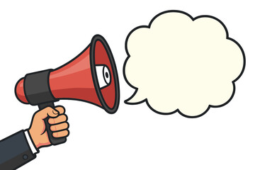 Hand holding a megaphone with a speech bubble for an important announcement. Loudspeaker or bullhorn for business marketing, advertising, and promotion. Attention concept vector.