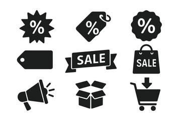 Sale shopping icon set. E-commerce discount concept. Special offer promotion. Vector retail business symbols. Price tag percent. Shopping cart bag. Delivery box. Marketing megaphone.