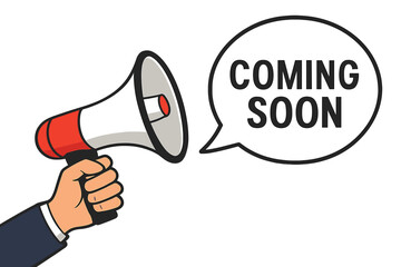 Coming soon announcement concept. Hand holding megaphone or loudspeaker. Marketing and advertising promotion banner. Business grand opening, new product launch message vector design.