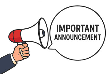 Important announcement. Hand holding megaphone. Loudspeaker for business communication. Speech bubble banner. Marketing advertising concept. Urgent news alert. Attention message.