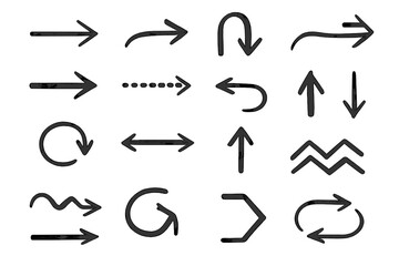 Hand drawn arrows set. Black sketch arrow, doodle direction pointers. Scribble cursors, pencil-drawn lines and curves. Vector graphic elements for navigation and design.