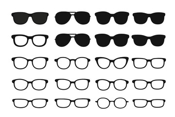 Glasses silhouette vector icon set. Big collection of sunglasses and eyeglasses frames. Fashion eyewear illustration. Different styles: retro, classic, modern, cat eye, aviator.