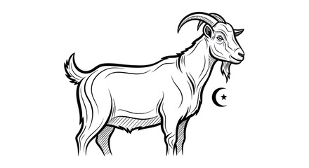 Fototapeta premium Detailed Line Art Illustration of a Standing Goat with Horns and Beard.