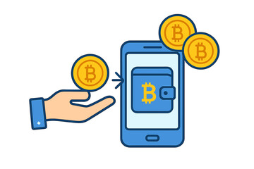 Bitcoin transaction concept. Buying cryptocurrency with mobile phone wallet. Digital money payment. Blockchain technology finance. Crypto currency exchange vector illustration.