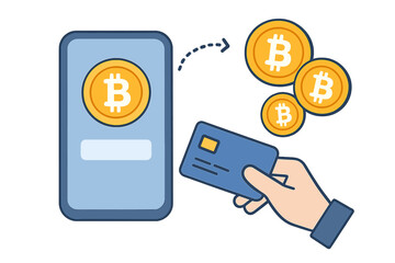 Bitcoin transaction concept. Buying cryptocurrency with credit card. Mobile phone wallet for crypto exchange. Digital money payment technology. Fintech and blockchain vector.